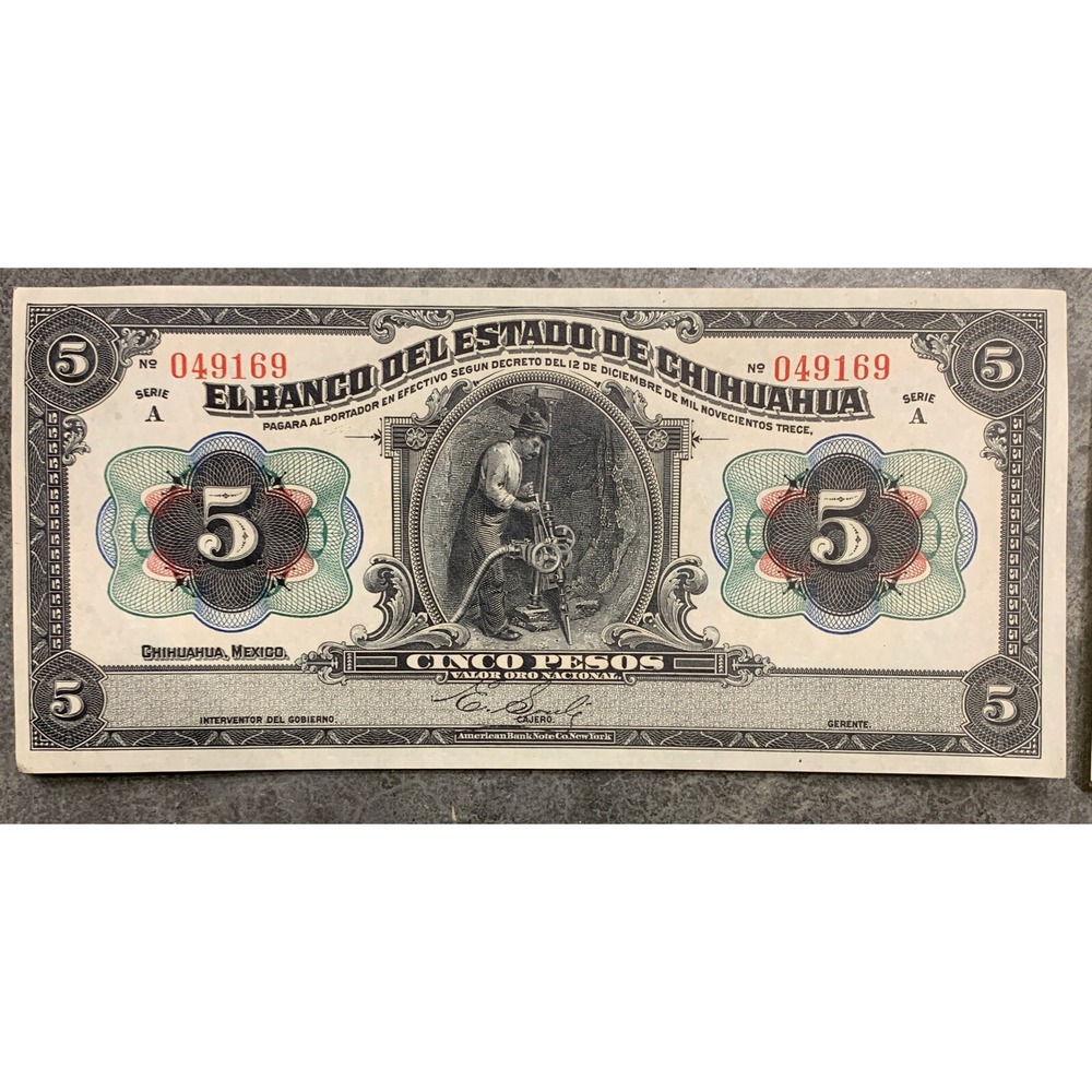 Mexico 5 Pesos, Serie A, 1913 UNC AU Banknote, lot of 4 - Picture 4 of 14